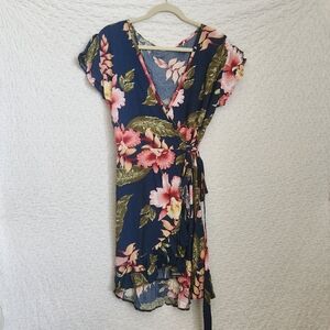 tropical flower print wrap dress ruffle short sleeve summer vacation Hawaiian